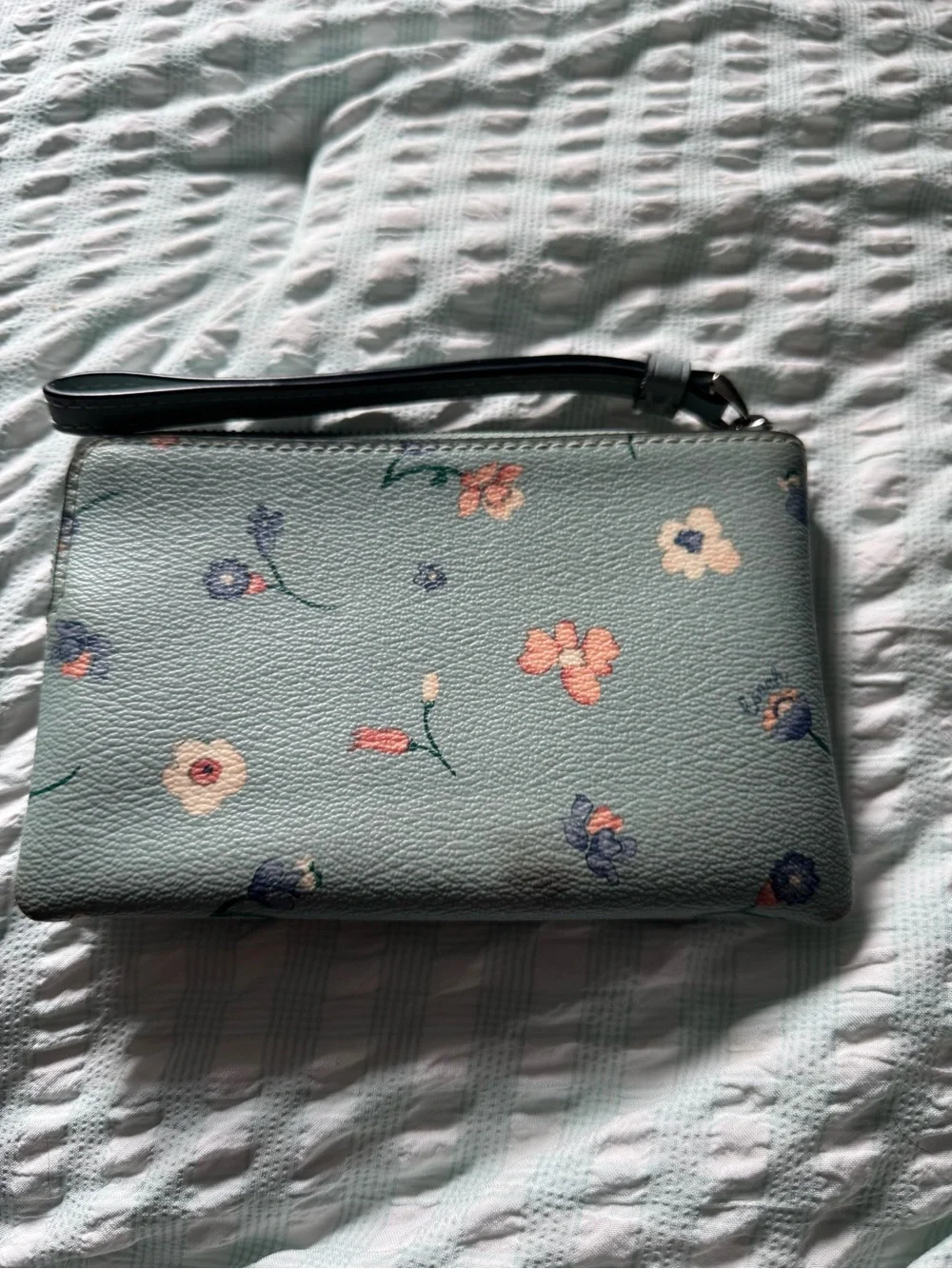 Coach Floral Wristlet in Light Blue with Pink & Purple Accents